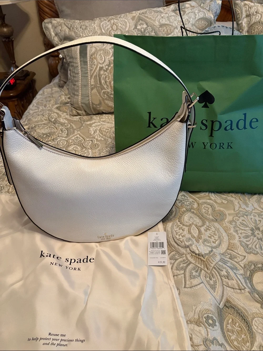 kate spade White Pebbled Leather Crescent Shoulder Bag